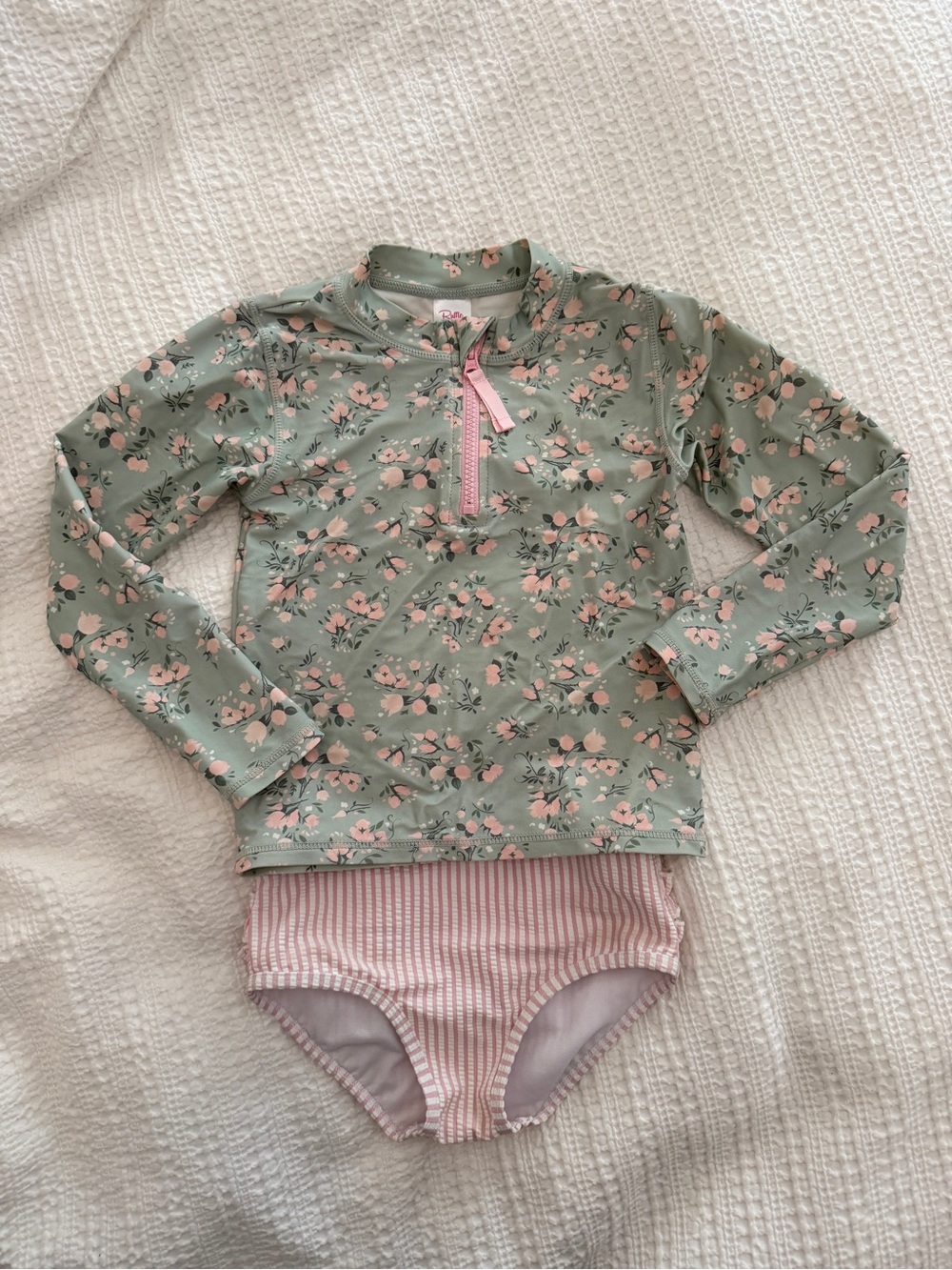 RuffleButts Girls Long Sleeve Zipper Rash Guard 2-Piece - Tea Roses